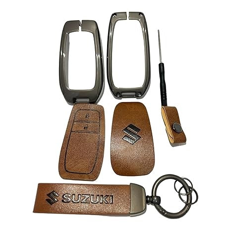 Leather Metal Brown Key Cover for Maruti Suzuki S-Presso | Baleno | Fronx | Alto-800 | Ignis | Swift | Celerio | S-Cross | Ritz | Ciaz | SX4 | Ertiga | Wagon-R | XL 6 | Dezire | Vitara Brezza (2 Button Flip Key)