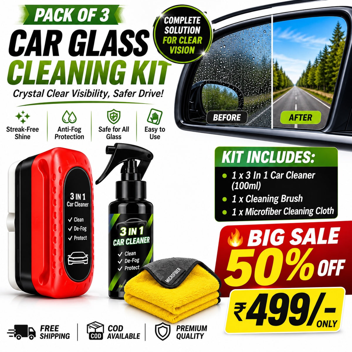 Pack of 3 Car Glass Cleaning Kit