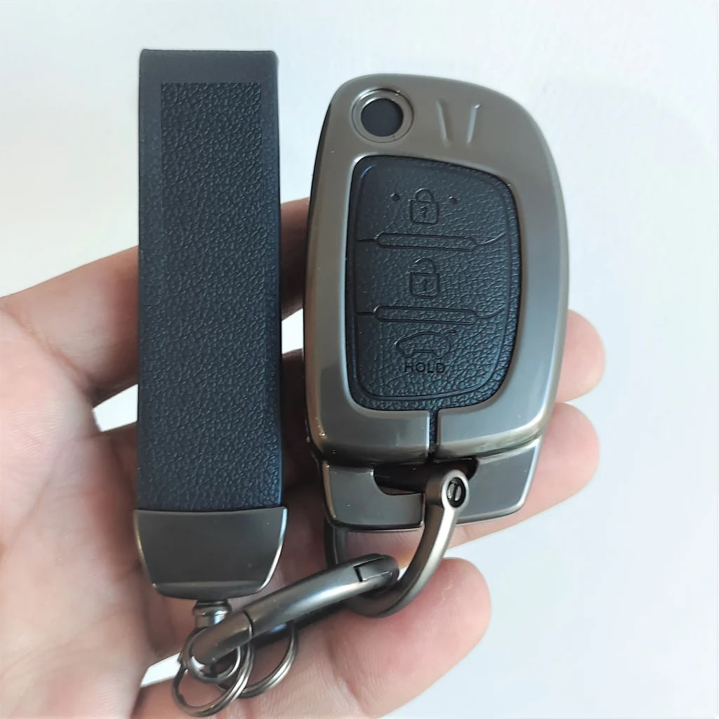 Leather Metal Key Cover for Hyundai Aura | Exter | Venue | Nios | Xcent | i20 Active | i20 Elite | Creta Flip Key (3 Button Smart Flip Key)