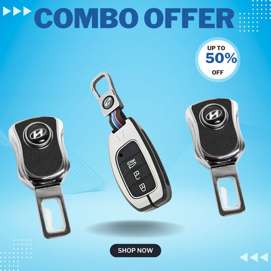 Combo Metal key Cover for Hyundai 3 button smart key and 2pcs Carbon Metal Seat Belt Clip
